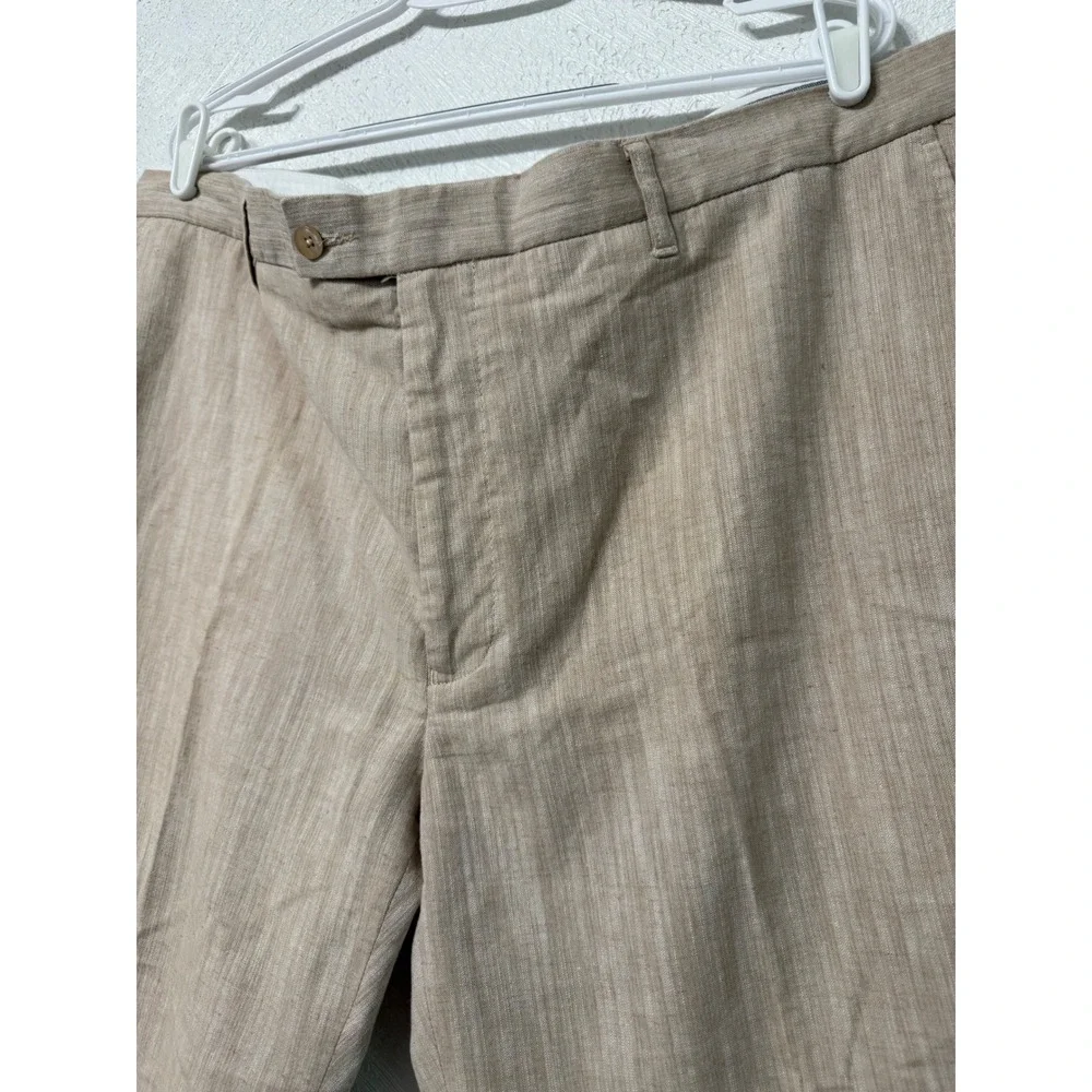 Paulo Solari Mens Tan Linen Blend Tailored Fit Dress Pants 44x30 Flat Front